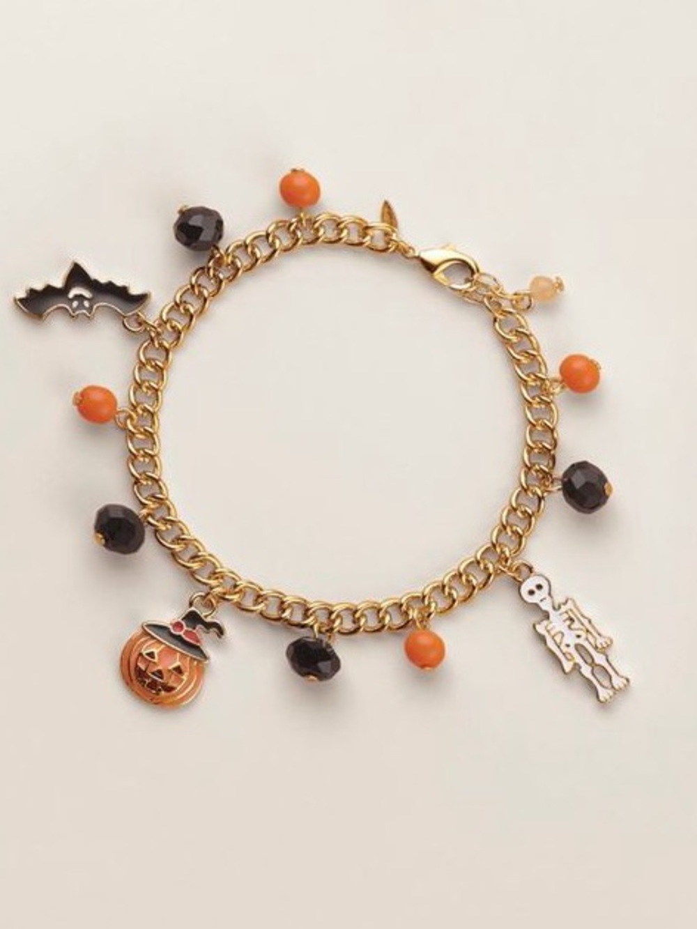 Gold Halloween Charm Bracelet with Pumpkin, Bat & Skeleton